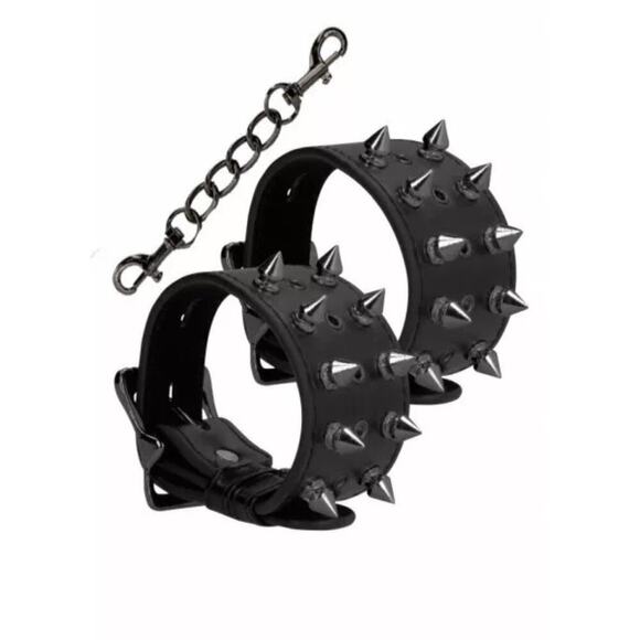 🦋B2G1🦋OUCH! SHOTS AMERICA Skulls & Bones Bonded Leather Spiked Handcuffs - Picture 1 of 7